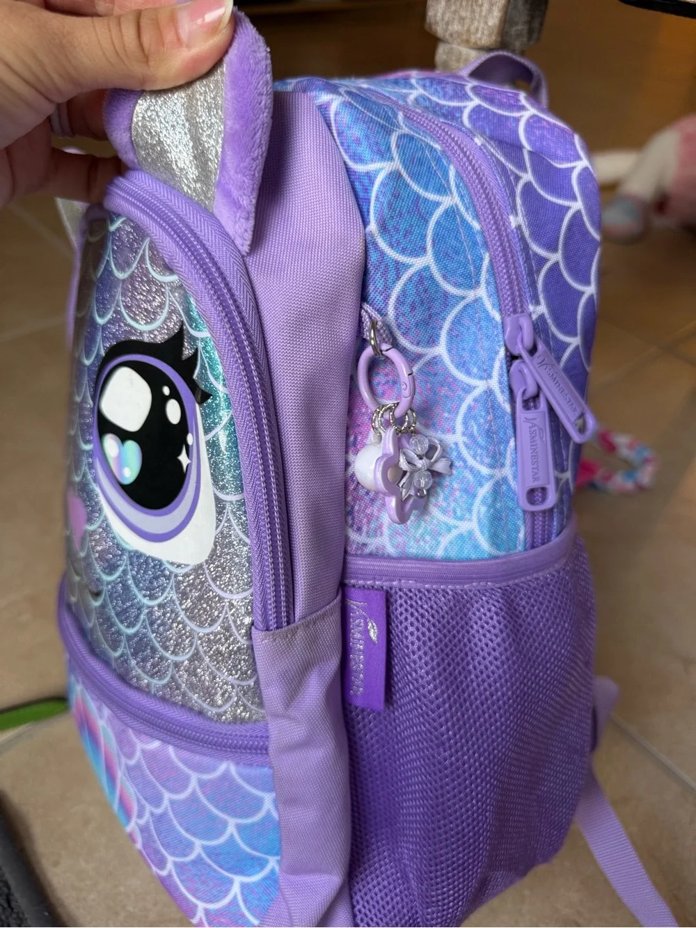 Kids Lavender Mermaid Cat Backpack with Pom Pom